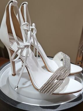 Schultz White Rhinestone Knot Ankle-Tie Stiletto Sandals